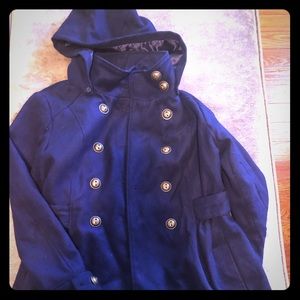 Navy blue, hooded pea coat - size Medium.